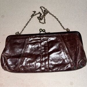 Vintage Brown Leather Kiss Lock Clutch with Brass Accents and Chain